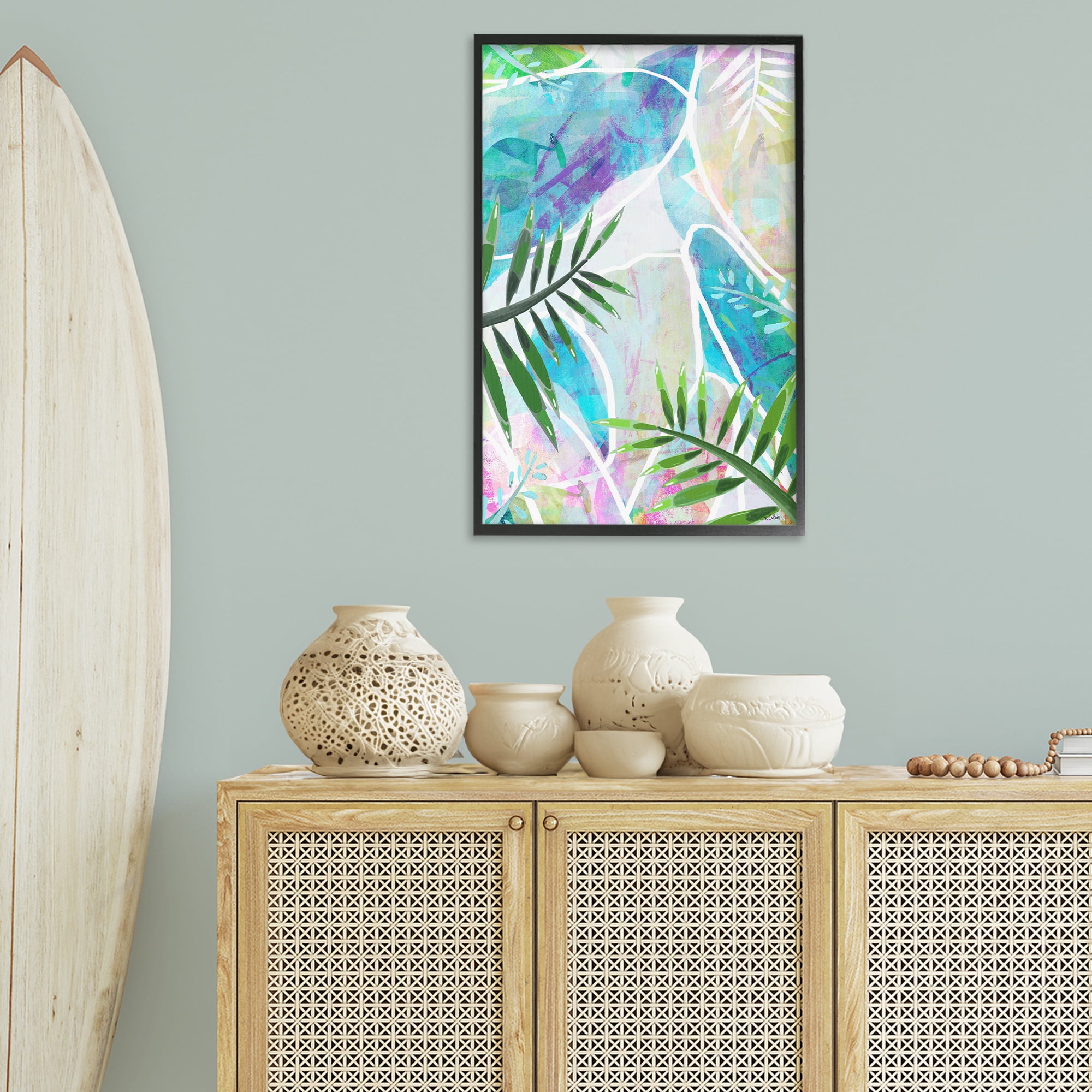 Stupell Industries Layered Tropical Leaves Coastal Painting Black Framed Art Print Wall Art, 20 x 30