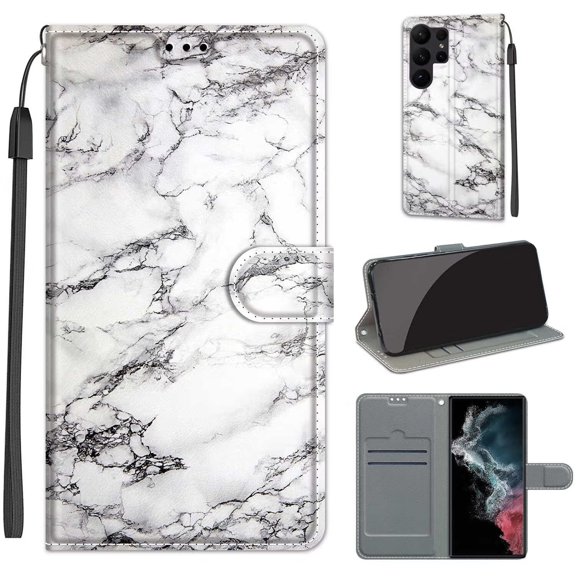 for Galaxy S23 Ultra PU Leather Case, Magnetic Clasp Flip Wallet Cover with Card Slot & Adjustable Kickstand Wrist Strap Full Body Protective Shell for S23 Ultra, White Marble