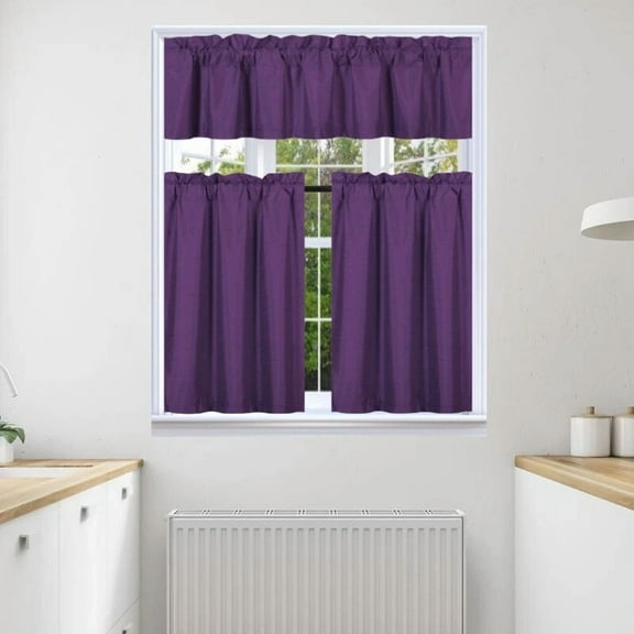 3pc Faux Silk Kitchen Curtain Blackout Lined Solid Color Rod Pocket Short Window Set 2 30"x24"(each) Tier Panel   1 60"x14" Matching Valance K4 Purple