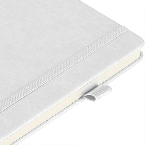 A5 Lined Notebook Portable PU Leather Hardcover Notebook with Elastic Strap for Business School White