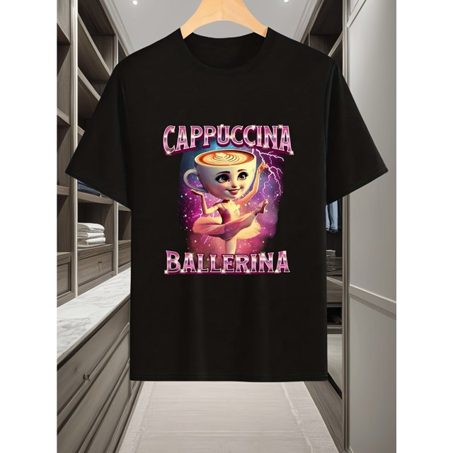 Men'S Vintage Humor Graphic T-Shirt - "Cappuccino Ballerina" Design, Cotton Blend, Casual Comfort Fit, Round Neck, Short Sleeve, Ideal for Summer & Gift-Givin