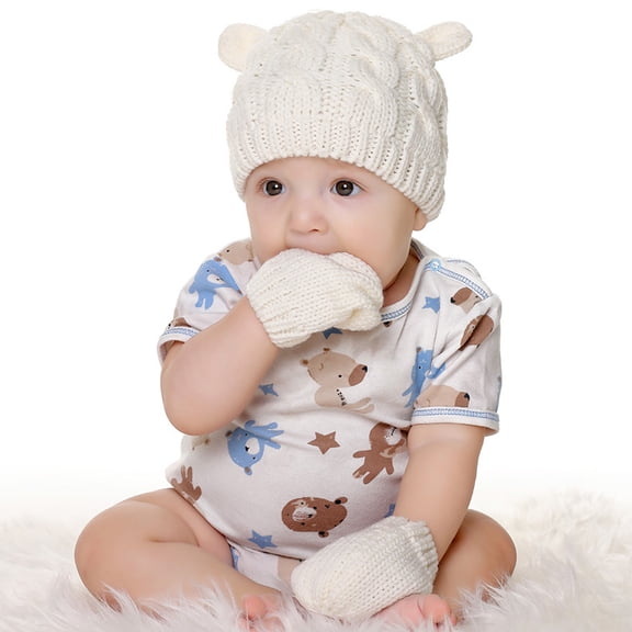 ADDHAT 1 Set Hats for Newborn Baby Boy White Wool Knitting Style Small Ear Design Warm Comfortable M 6.3x6.3x0.8in