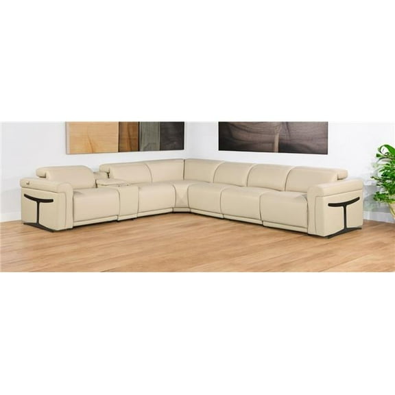HomeRoots 534848 Beige Italian Leather Modular L Shaped 7 Piece Corner Sectional with Console