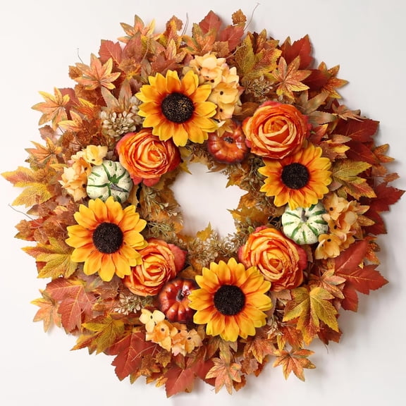 14'' Large Fall Wreath for Front Door, Porch, Window- Artificial Maple Leaves Fake Pumpkins Faux Rose Sunflower Outdoor Autumn Wreath for Home, Farmhouse Wall Thanksgiving Day Harvest Festival Decor