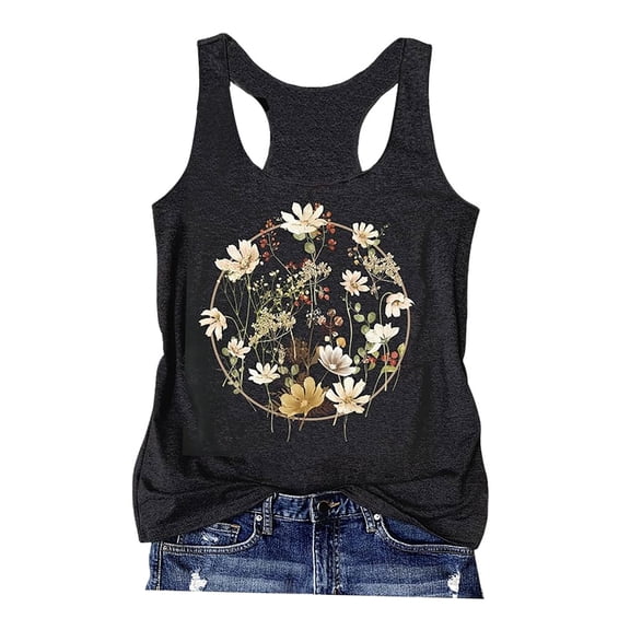 Trendfront Womens Scoop Neck Sleeveless Tank Top Floral Graphic Print Summer Racerback Casual Beach Tee Loose Fit Apparel