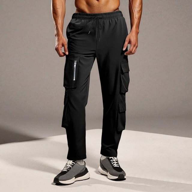 Pantalones largos para hombre, casuales, de moda, de color sólido, con cordón, cintura elástica, bolsillo con cremallera, pantalones para hombre