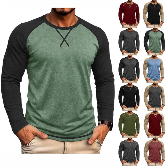 Vetsdori Mens Long Sleeve Winter Tshirts Shirts Basic Sports Raglan Pullover Lightweight Crew Neck Casual Color-block Tops for Men