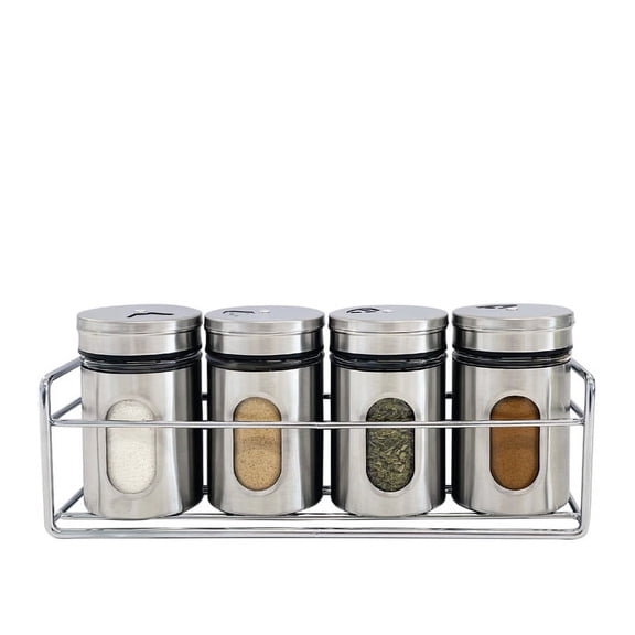 JS Gourmet 4 Pcs Stainless Steel Spice Seasoning Containers with Storage Rack