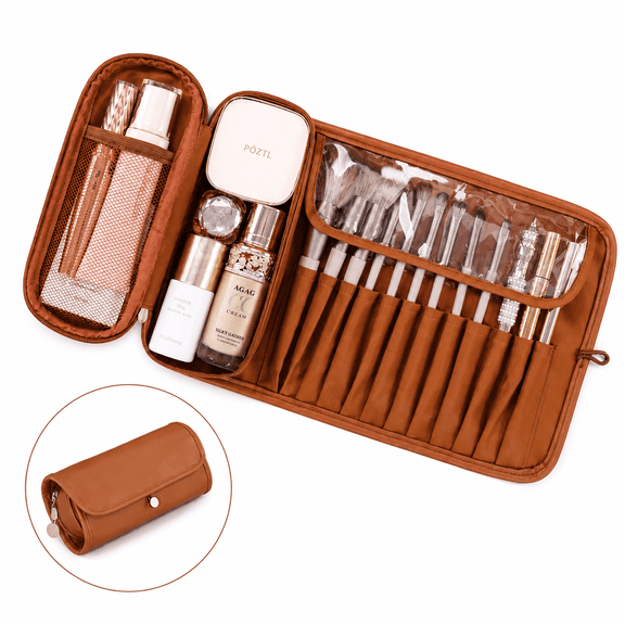 Travel Makeup Brush Holder Bag Roll-Up Cosmetic Organizer Case, Portable Foldable Makeup Storage Bag for Women