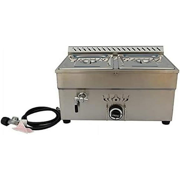 EQCOTWEA Gas Steam Table Propane Food Warmer LP Gas Bain-Marie Buffet Stainless Steel 2 Pans