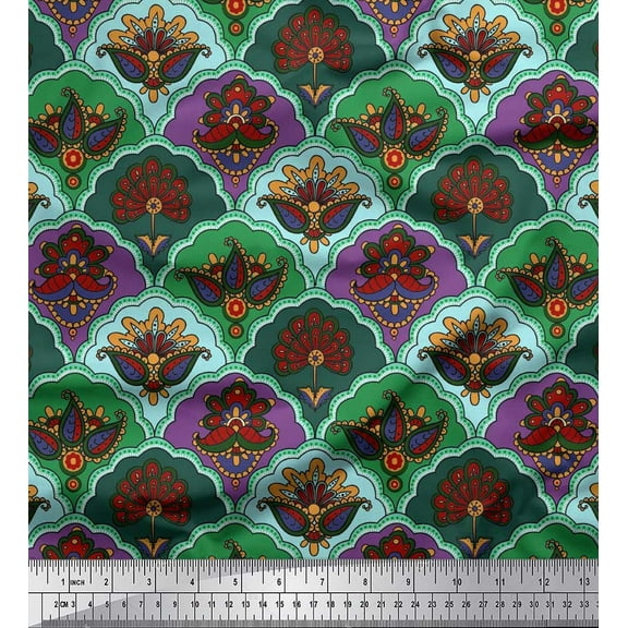Soimoi Cotton Duck Fabric Artistic Floral & Scale Geometric Printed Craft Fabric by the Yard 42 Inch Wide