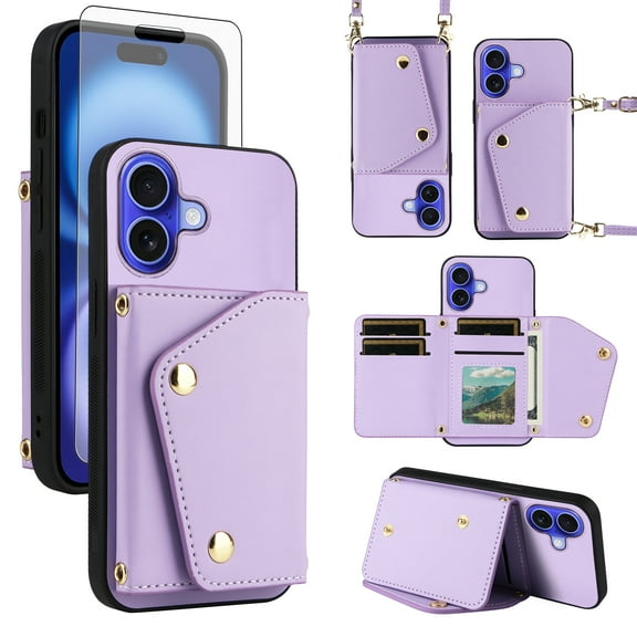 Furiet Wallet Case for iPhone 17 6.3 inch with Tempered Glass Screen Protector Slim Purse Shoulder Strap Luxury PU Leather Card Holder Stand Phone Cover for i Phone17 i17 17Case Women Men Purple