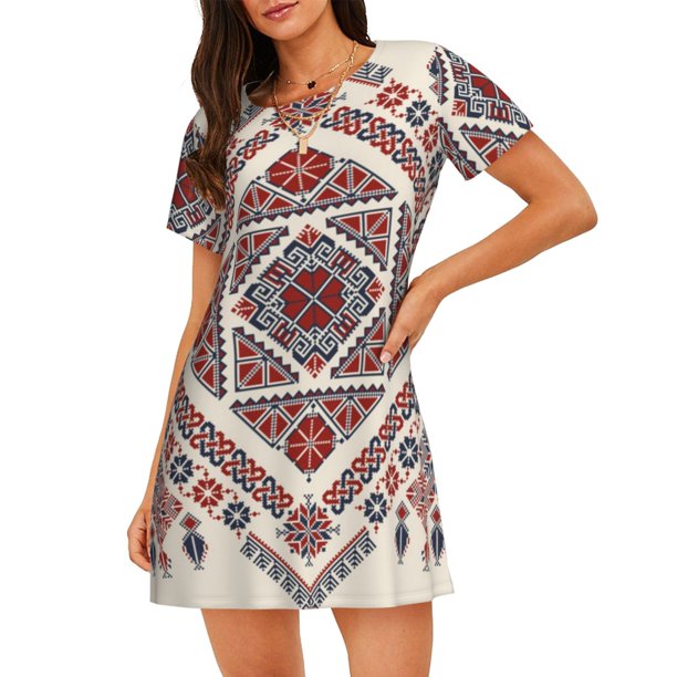Balery Fashion Tatreez2 Camisón de manga corta con cuello redondo para mujer, cómodo y elegante.