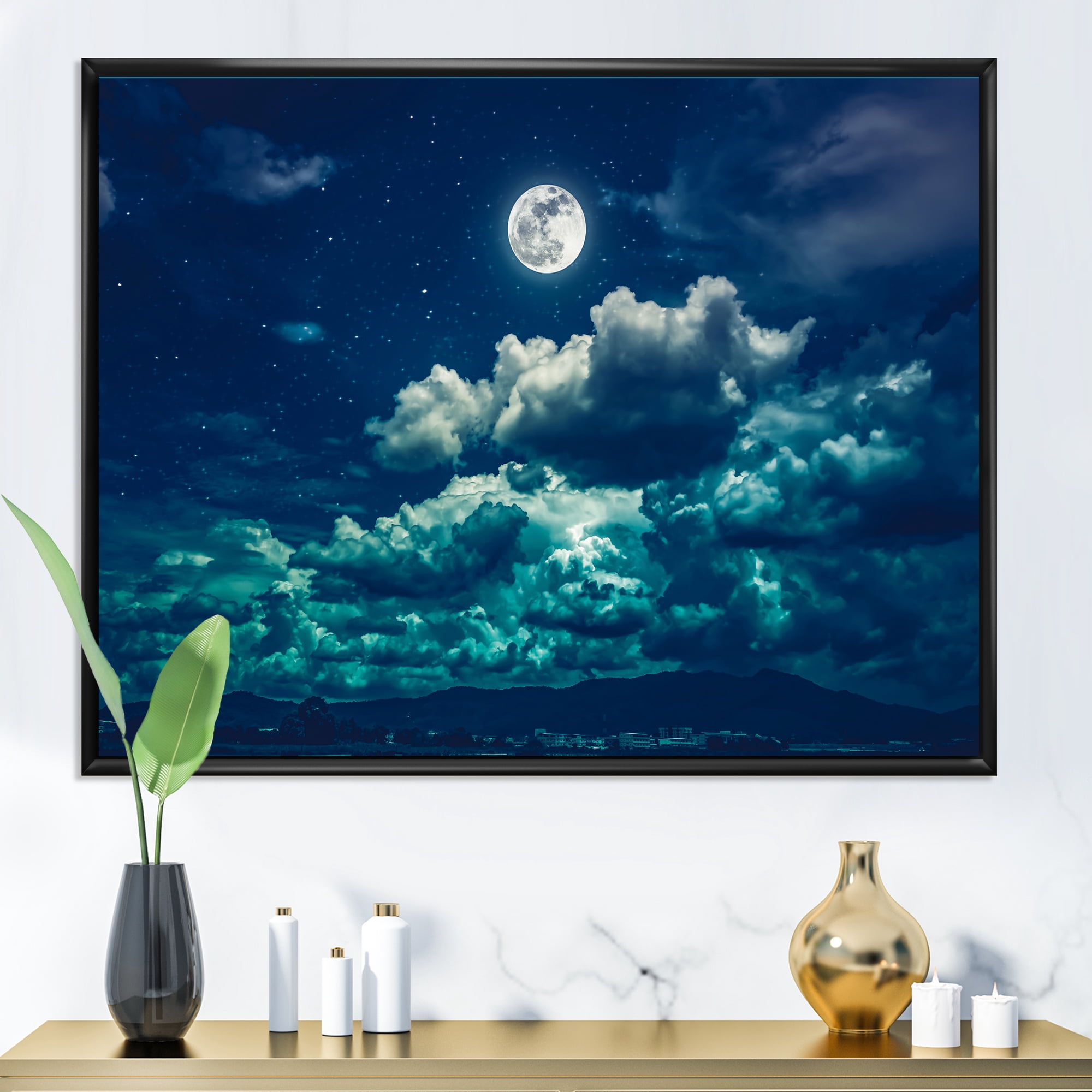 Designart 'Full Moon Night in Cloudy Sky II' Nautical & Coastal Framed Canvas Wall Art Print