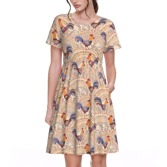 Bixox Robe d'Été à Manches Courtes pour Femmes Robe Ample Longueur Genou avec Poches-Roses en Floral