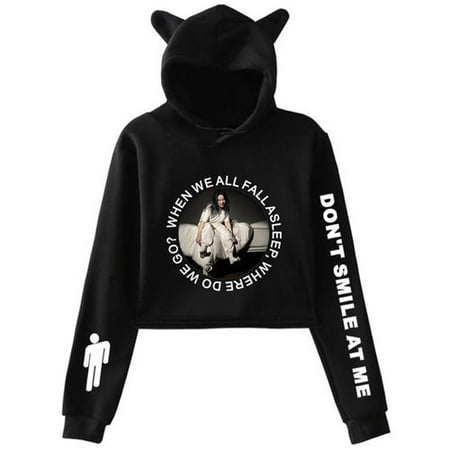KABOER Women's Cat Ear Hoodie Sweater Billie Eilish Lumbar Sweatshirt Hooded Pullover Tops Music Fans Gift