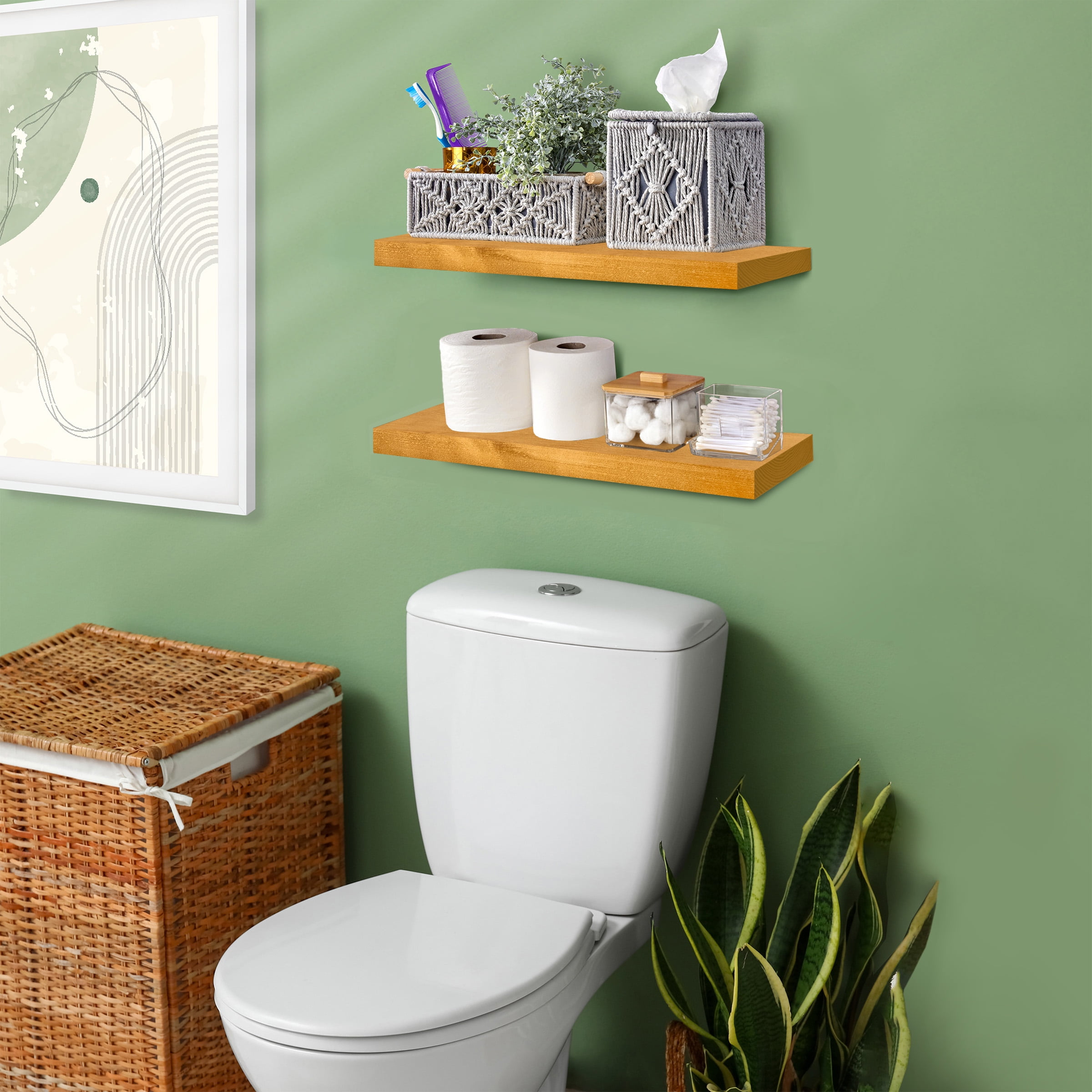 Sorbus 16" Maple Wood Floating Shelves, Set of 2 Solid Pine Wood Wall Shelves for Bathroom, Kitchen, Bedroom & Living Room Décor