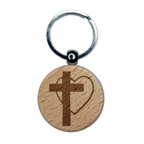 Cross and Heart Love Christian Round Keychain Charm Tag - Engraved Wood