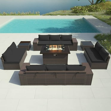 ALAULM 13 Piece Large Outdoor Furniture Set, 10 Seater Wicker Patio Furniture Set, All Weather Wicker Conversation Set with 43" Fire Pit Table has 10 Seats, 2 Coffee Tables and 4" Cushion, Black