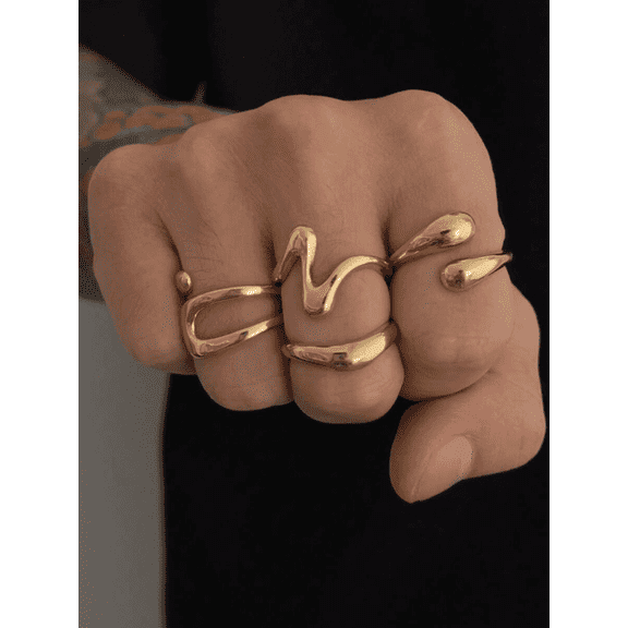 4 Pieces Men's Rings - Niche Irregular Gold One-piece Rings Multi-finger Pioneer Art Style Metal Rings Trendy Personality Hand Accessories