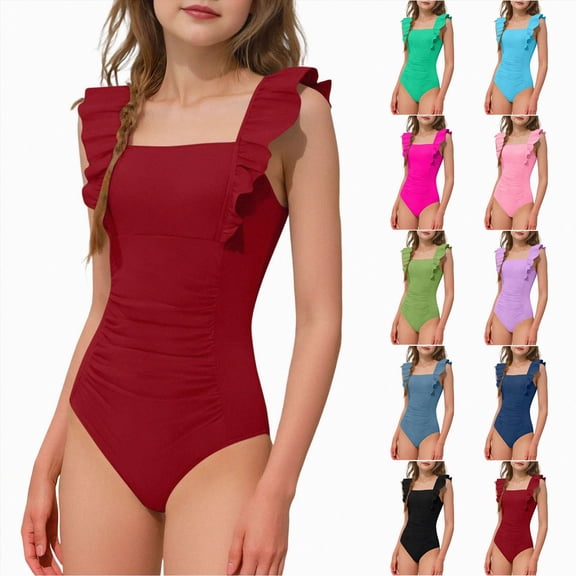 Splozh Bathing Suit for Teen Girls One Piece Swimsuit, Cute Swimwear for Juniors Tween Girls Summer Pool Wear Black,8-9 Years