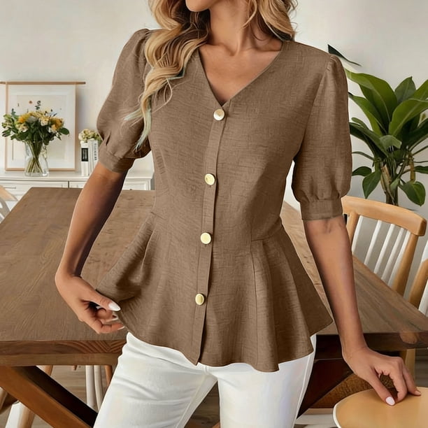 Xuyuer Women's Fashion Casual Solid Color V-Neck Buttoned Short Sleeve Top, Versatile Blouse for Office Wear, Weekend Outings and Everyday Chic Style