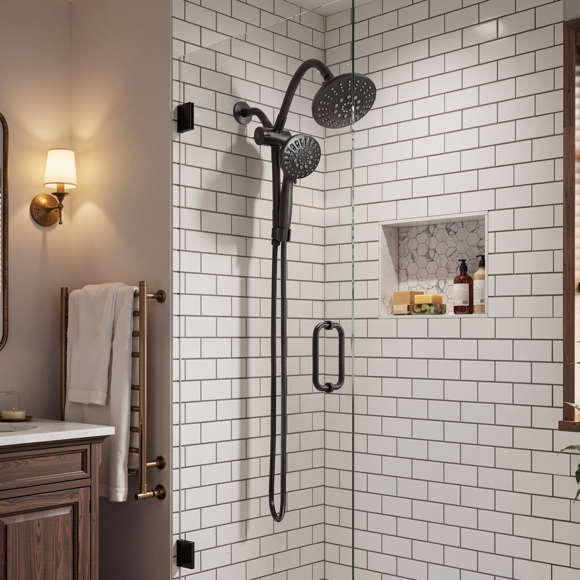 Akicon Rain Shower Head with Handheld Spray Combo, 6-Setting High Pressure Dual Shower Head with Bendable Goose Neck Shower Arm, Rainfall Showerhead System for Bathroom