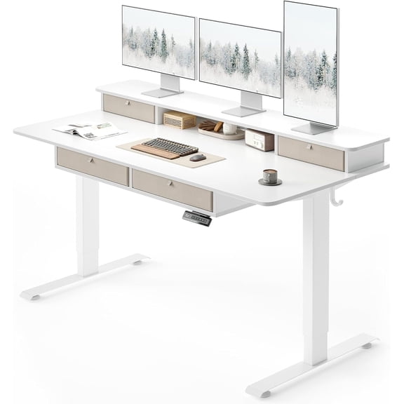 DESINO 63 x 30 Inch Height Adjustable Electric Standing Desk with Drawers, Stand Up Table with Large Storage Shelf, Sit Stand Desk for Home Office, White