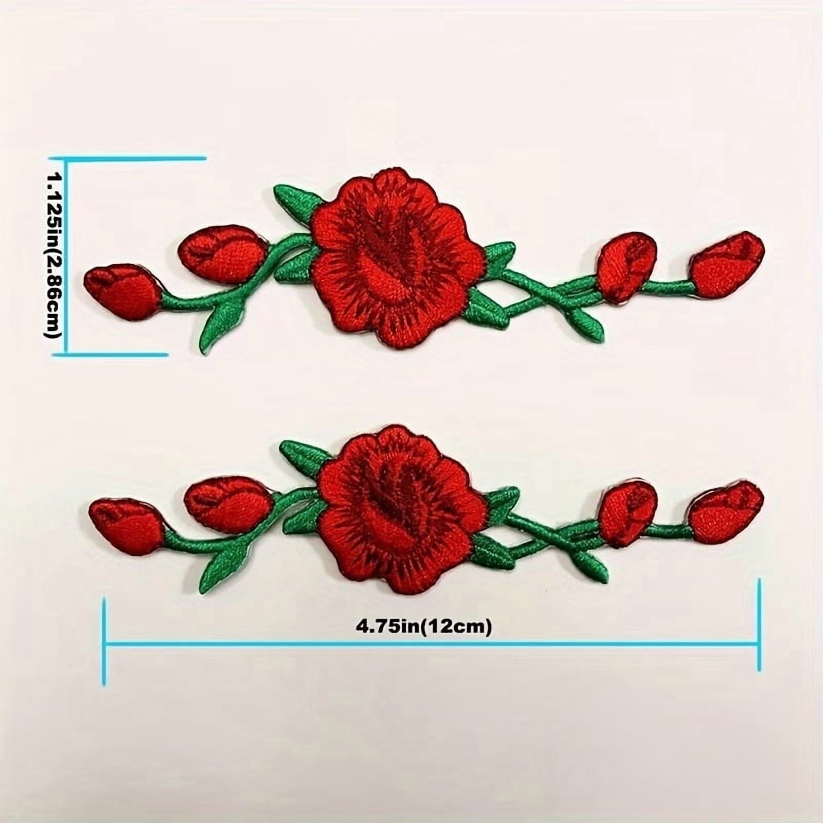 2pcs Red Rose Flower Embroidery Applique Patch - Iron-On Embroidered Patches for Jeans, Jackets, Hats, and Bags