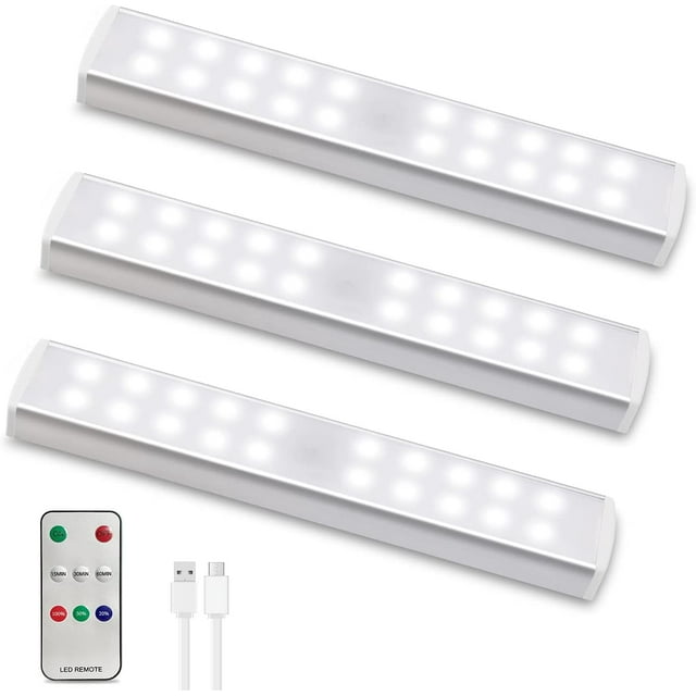 Under Cabinet Lights 3-Pack with Remote Control, 20-LED Dimmable Battery Operated Closet Lights,Wireless Stick-on Night Light Strip Bar for Kitchen Stairway Bedroom