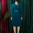 thumbnail image 3 of AURA Womens Elegant V Neck Pleated Midi Dress Long Puff Sleeve High Waist A Line Zipper With Belt, 3 of 10