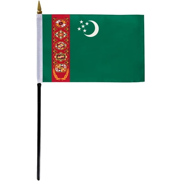 AGAS Turkmenistan Flag 4x6 inch - 11" Plastic Pole 100% Polyester Stitched Edges Turkmen Türkmenistanyň baýdagy Mini Flag on a Stick