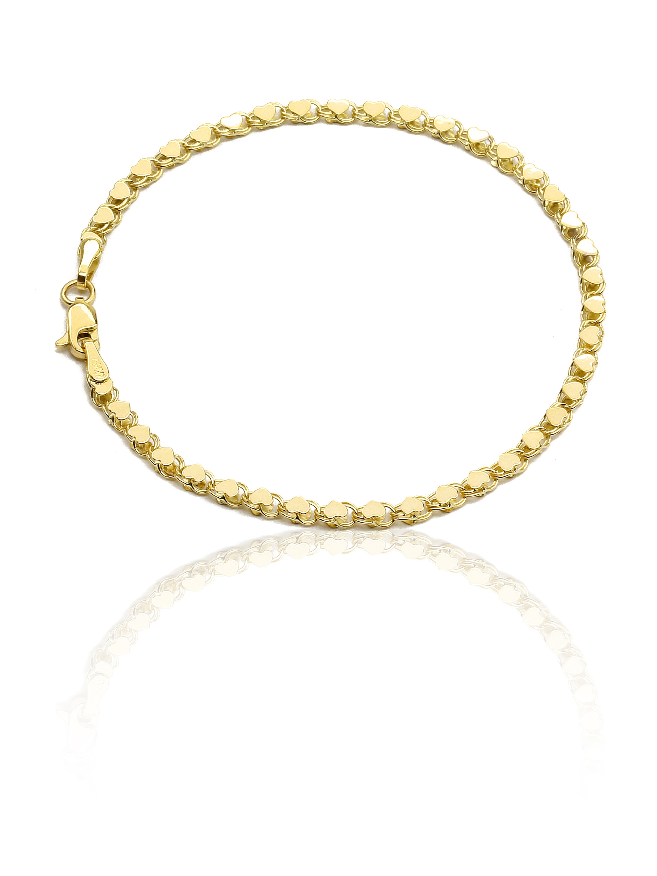 Floreo 10k Yellow Gold 2.6mm Relationship and Friendship Mirror Chain with Double Sided Heart Charms Bracelet or Anklet