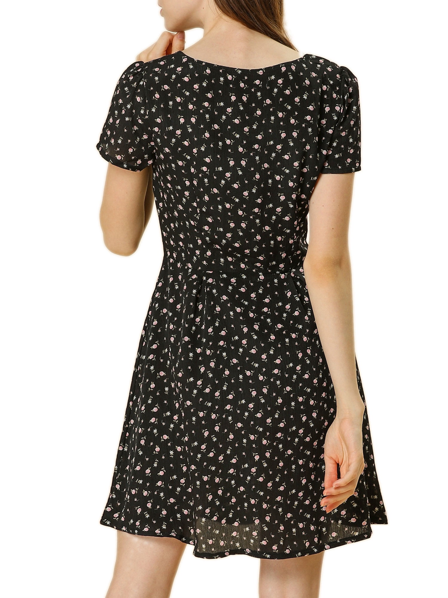 DARING DIVA Square Neck Short Sleeve Print A-Line Dress XL Black-Floral
