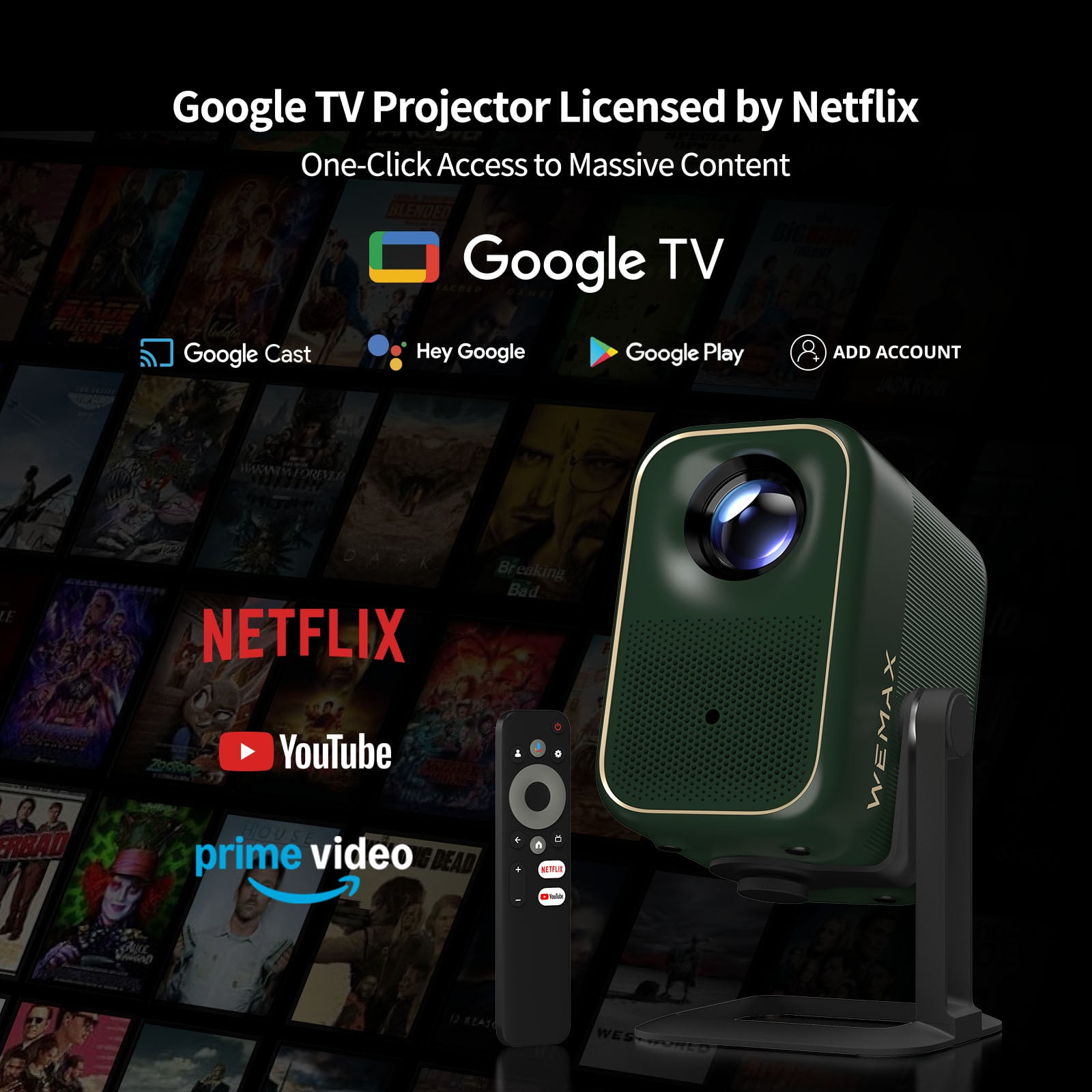 Wemax Smart Projector with WiFi, Bluetooth, Google TV, Netflix, HDR10, Dolby Audio, 1080p, 4K Support