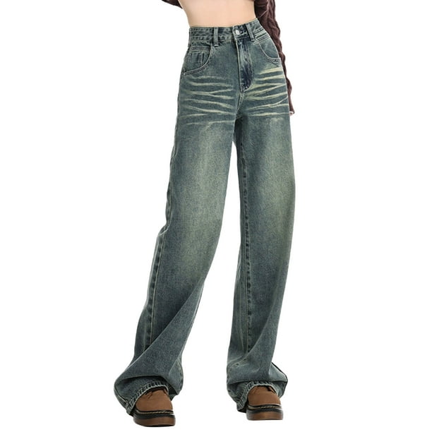 Bmisegm Women Baggy Jeans Trousers with High Waist E Girl Style Streetwear Fashion Vintage Denim Trousers Loose Straight Leisure Trousers Y2K Jeans for Women Blue XL Walmart
