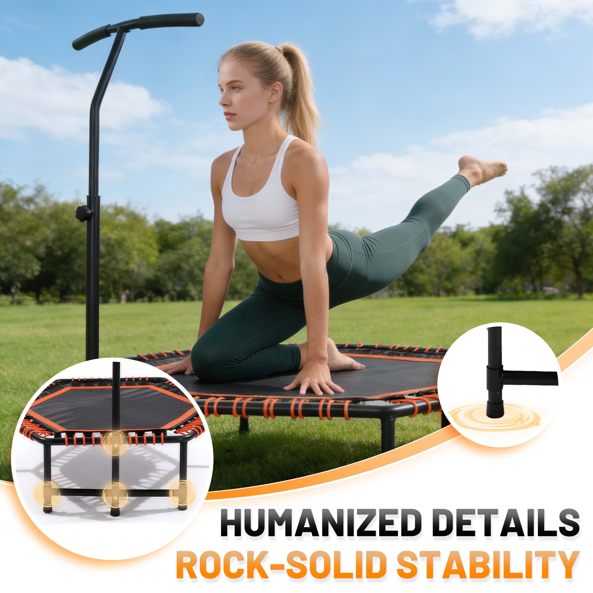 48 Inch Mini Fitness Rebounder with 3-Level Adjustable Handlebar, Quiet Bungee Trampoline, 330LBS Capacity for Indoor Outdoor Cardio & Strength Training