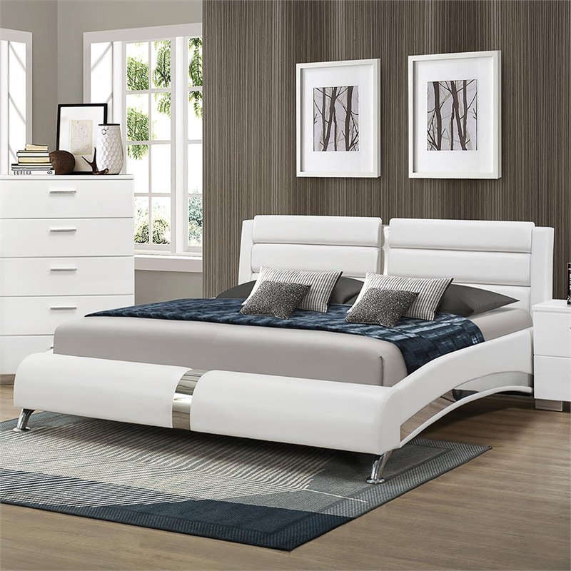 Bowery Hill Faux Leather King Platform Bed in White and Chrome