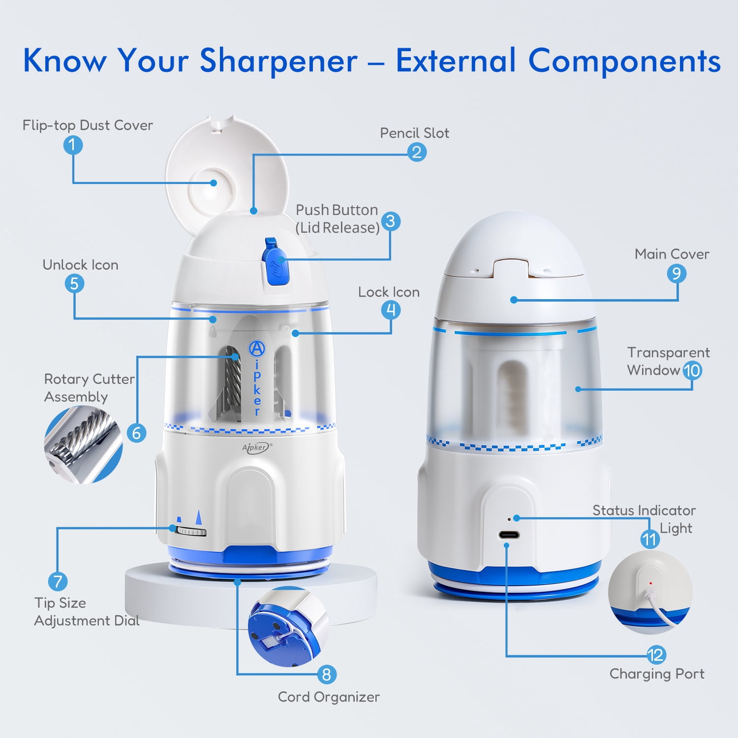 Aipker Electric Pencil Sharpener – Heavy Duty  Automatic & Rechargeable Pencil Sharpener for Classroom, School, Office, Kids Teachers, Artists & Students – Fits for Jumbo & Standard Pencils
