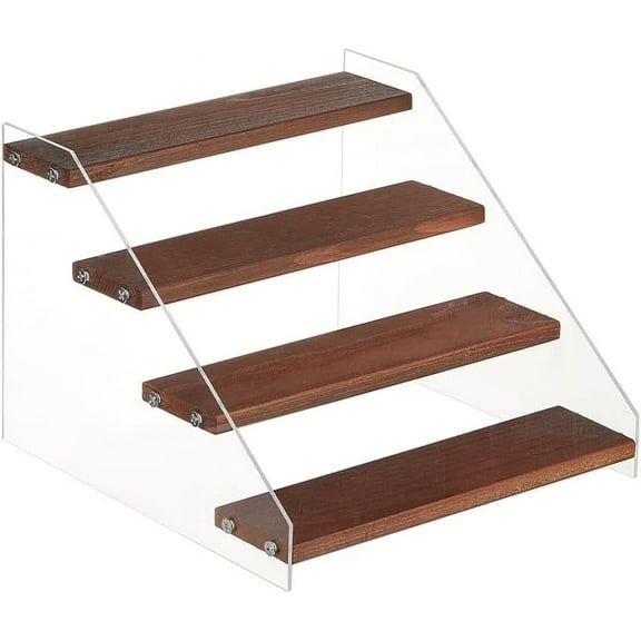 4 Tier Wood Display Stand Clear Acrylic Display Shelf Riser Tiered Wooden Cupcake Stand for Vendors Cupcakes Perfumes Candies Cosmetics Decoration 8.1×8.5×6.2"