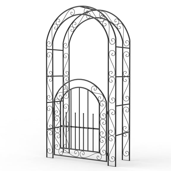 7FT Garden Arch Trellis with Gate, Rust-Resistant Powder Coated Steel Frame with Ground Anchors, Black Outdoor Arbor for Climbing Plants, Weddings and Events