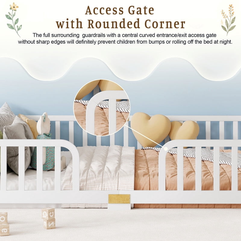 Queen Size Montessori Kids Floor Bed with Entrance, Toddler Crib Fence Bed, Low-Profile Wood Platform Bed Frame with Curved Guardrails