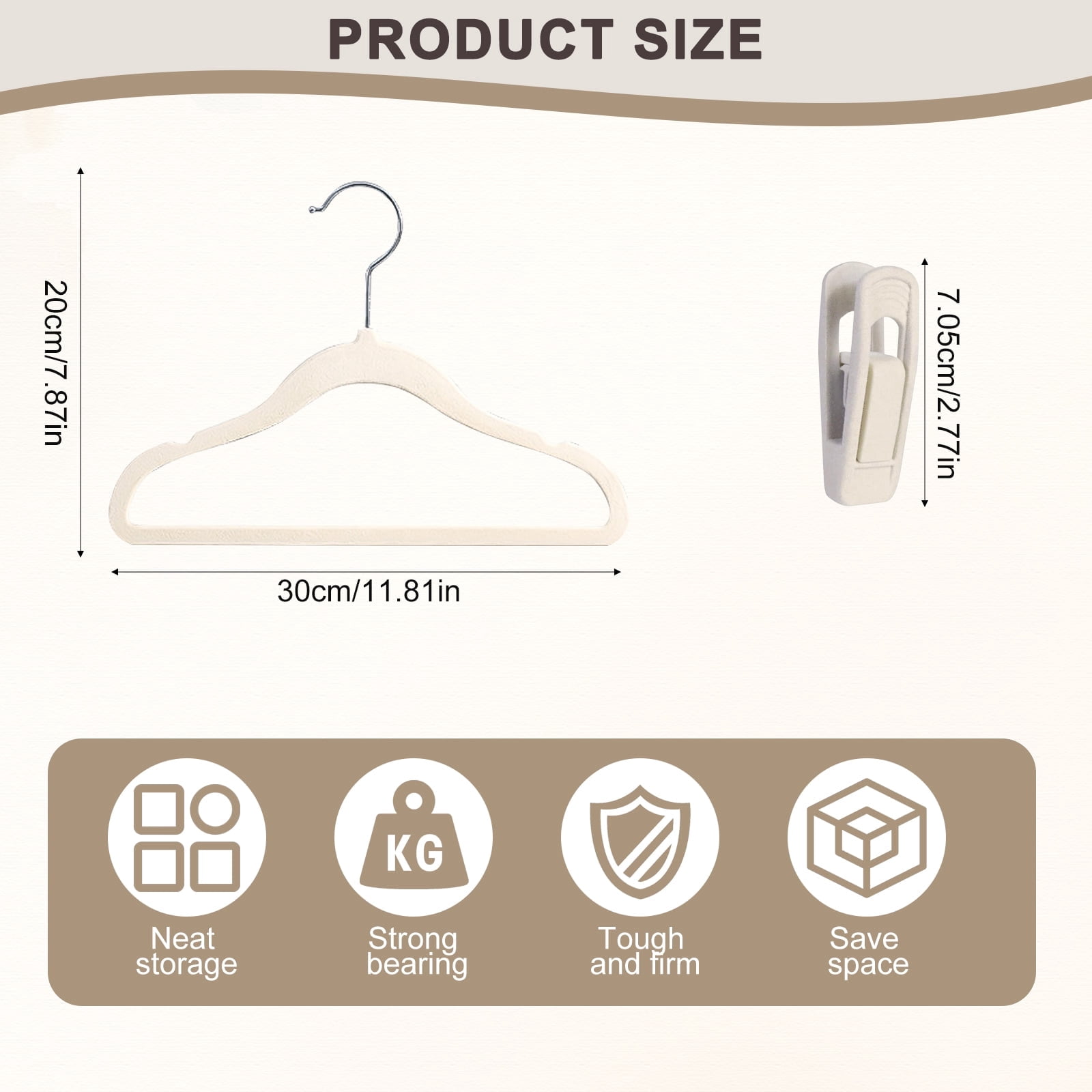 VEGCOO Baby Velvet Hangers(11inch - 50 Pcs), Premium Non Slip Kids Felt Hangers for Clothes for Toddler Kids' Closet with 10 Velvet Hanger Clips - Beige