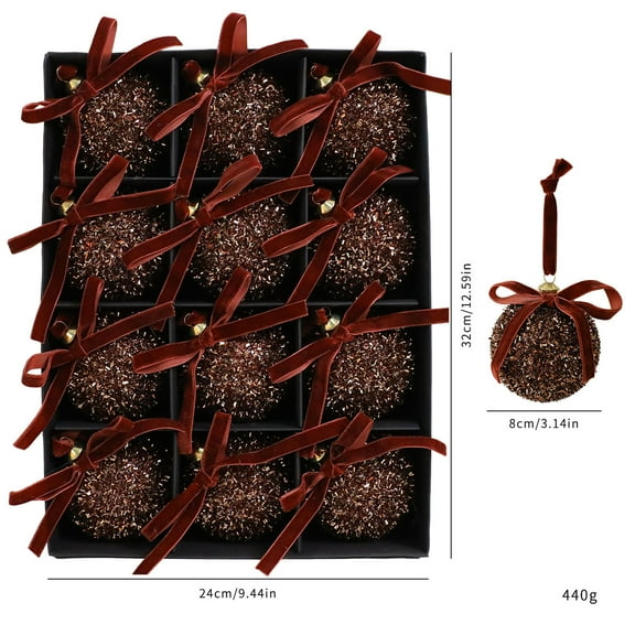 Large Christmas Ball Ornaments - 12 Pack 3.15 Inch Coffee Brown Xmas Balls with Ribbon Bow, Elegant Christmas Tree Decorations Set