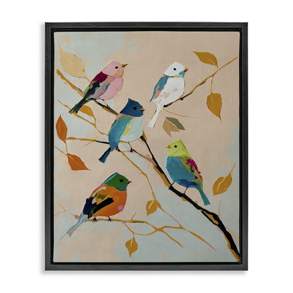 Stupell Industries Parakeets on Fall Branch Animals Painting Black Floater Framed Canvas Art Print Wall Art, 17 x 21