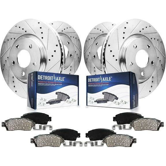 Detroit Axle - Brake Kit for 2014-2024 Infiniti Q50, 2017-2022 Q60, Drilled Slotted Disc Brake Rotors Ceramic Brake Pads : 12.60" inch Front and 12.13" inch Rear Rotors