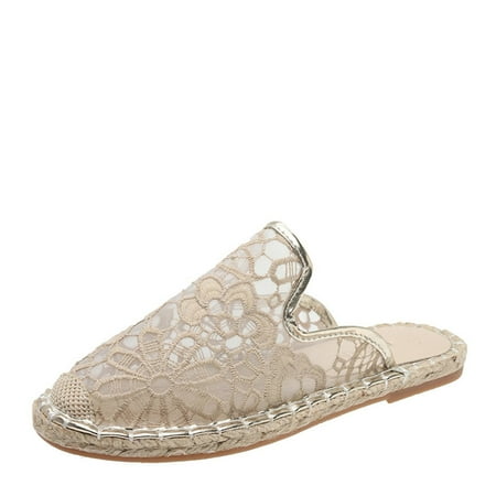 

TUOBARR Bedroom Slippers Women s Flat Shoes Ladies Rope Sandals Summer Non-Slip Causal Woven Slippers Beige
