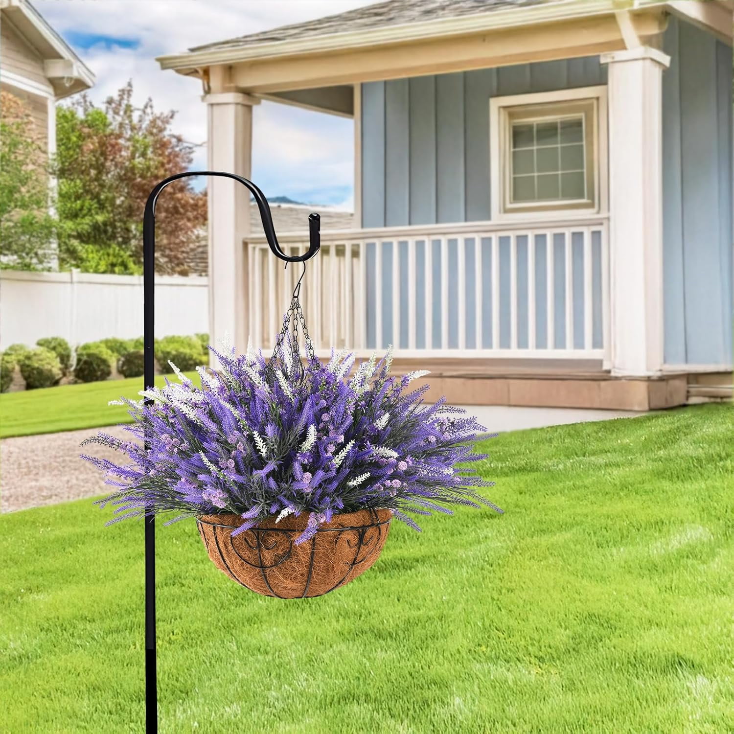 Artificial Plants Fake Flowers with Hanging Basket for Outdoor, 16 Bundles Faux Lavender Plant Hanging Flower in Planter Realistic UV Resistant for Spring Outside Porch Patio Garden Decoration