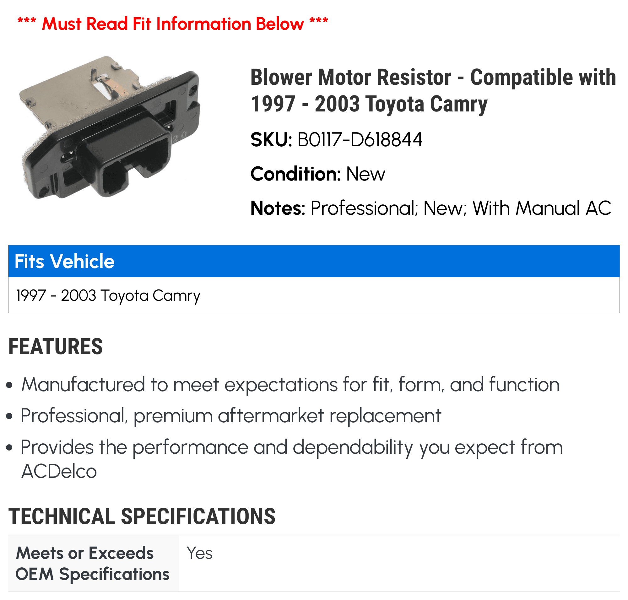 Blower Motor Resistor - Compatible with 1997 - 2003 Toyota Camry 1998 1999 2000 2001 2002