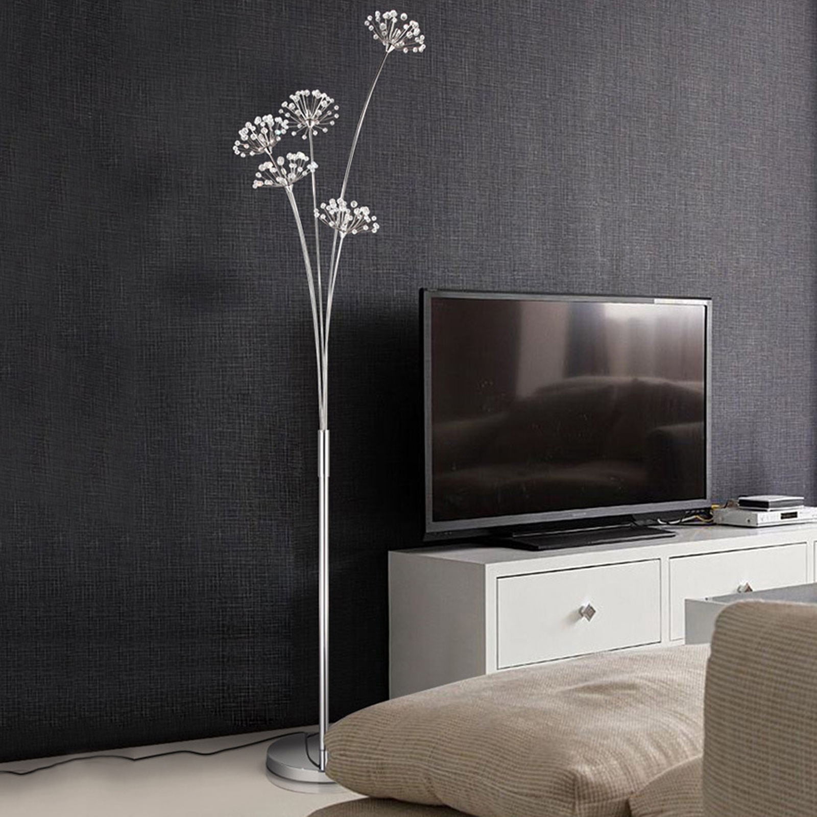 TFCFL Crystal Floor Lamp, 5 Heads Modern Elegant Dandelion Standing Lamp for Bedroom Living Room Office, 69-Inch, Silver